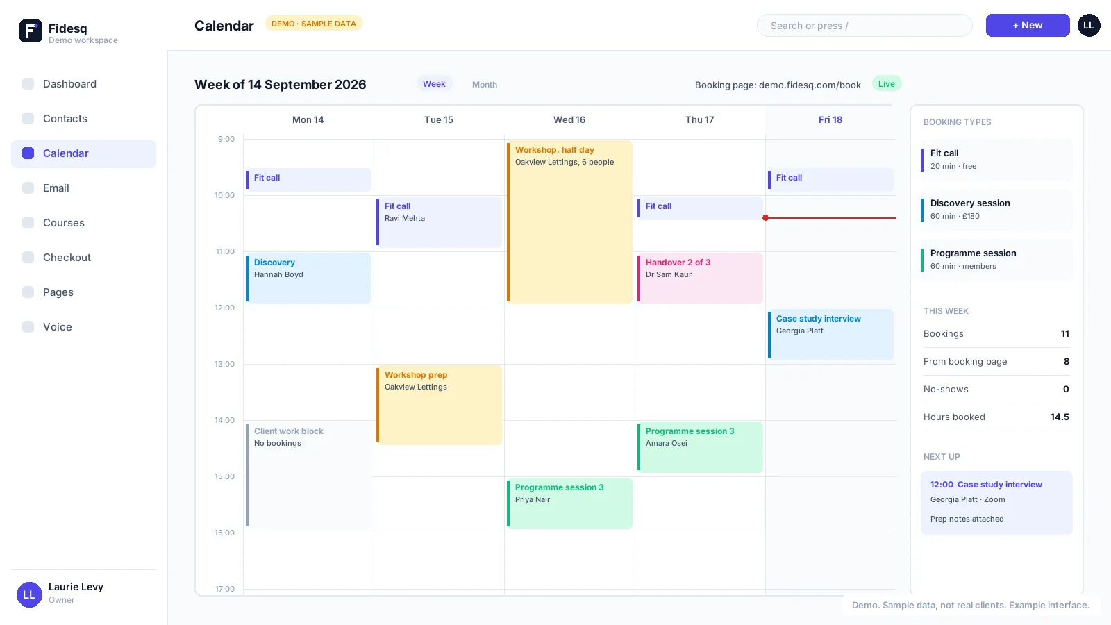 Monthly calendar view with booked fit calls and discovery calls
