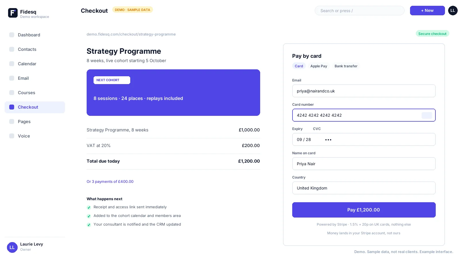 Checkout page with order summary and a Stripe card payment form