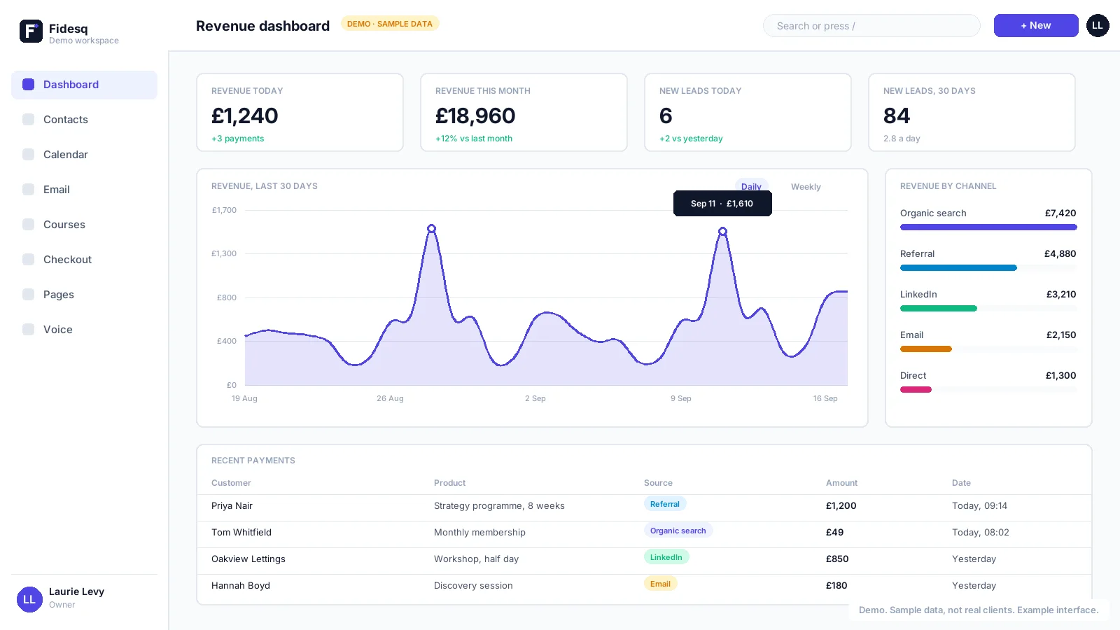 Revenue dashboard showing revenue today and this month, new leads today and over 30 days, a 30-day revenue chart, revenue by channel and recent payments