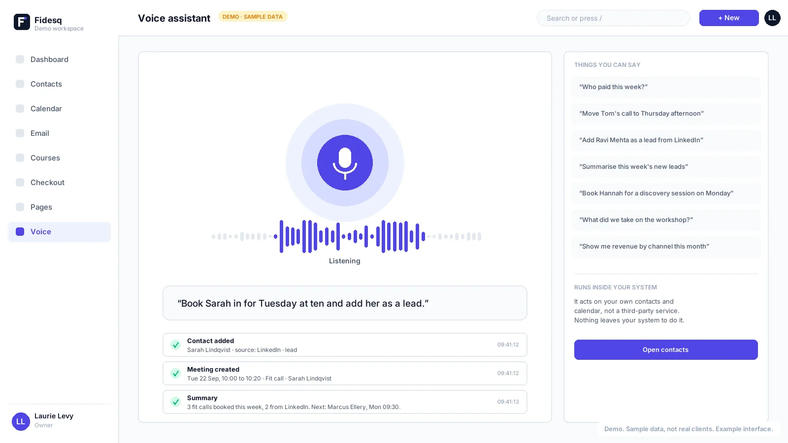 Voice assistant screen showing a spoken instruction and the resulting meeting, contact and summary
