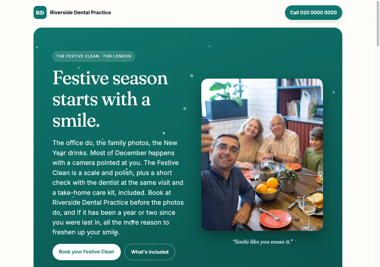 A Festive Clean campaign page built for a practice, with the offer, the price and a booking button