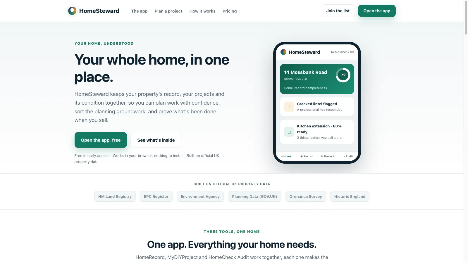 HomeSteward homepage: your whole home, in one place