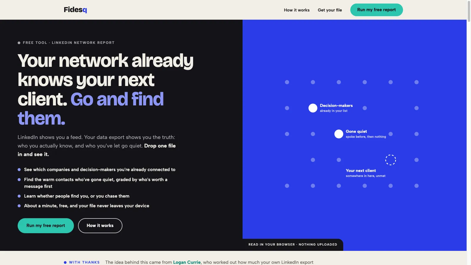 Free LinkedIn Network Report homepage with the example report
