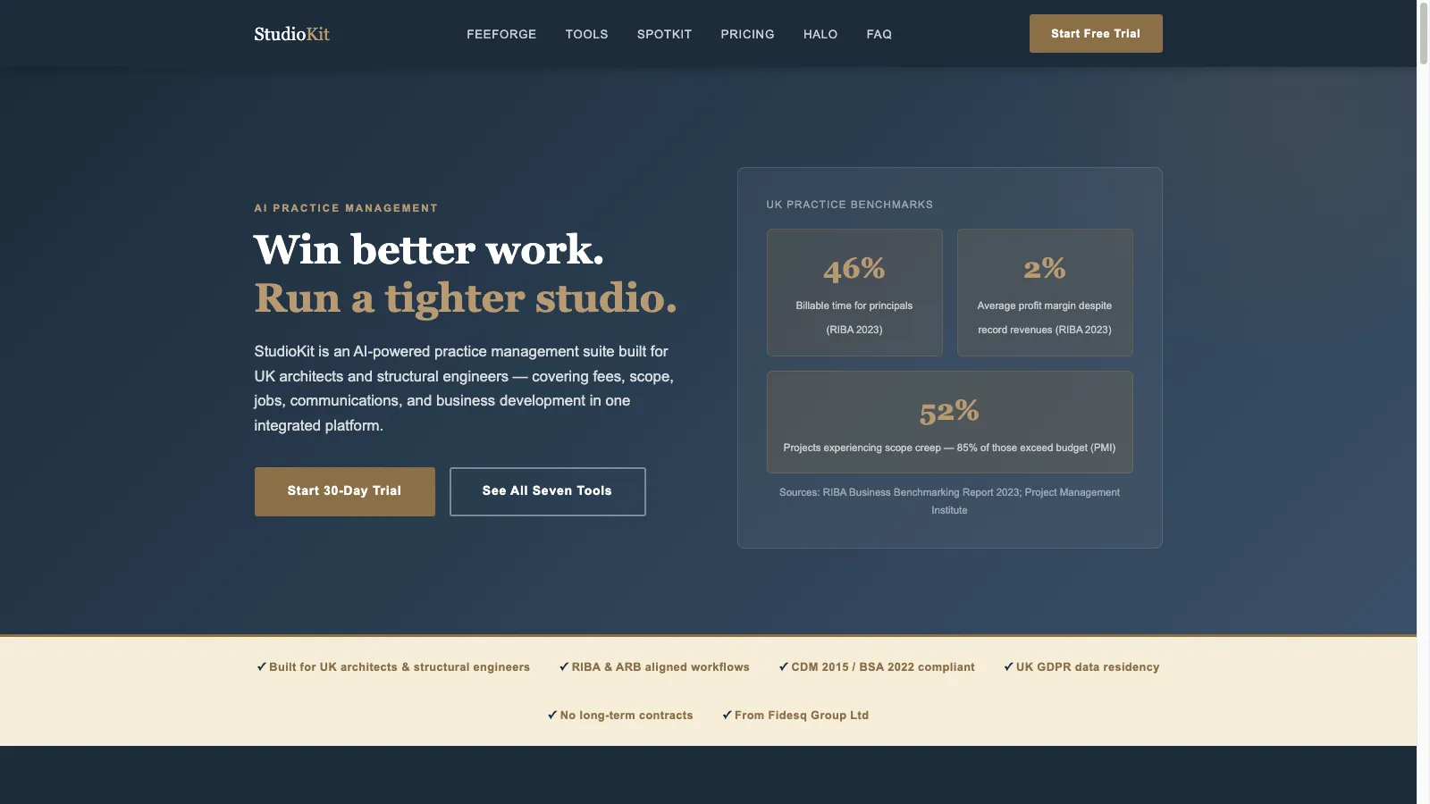 StudioKit Suite homepage: practice management for architects and structural engineers
